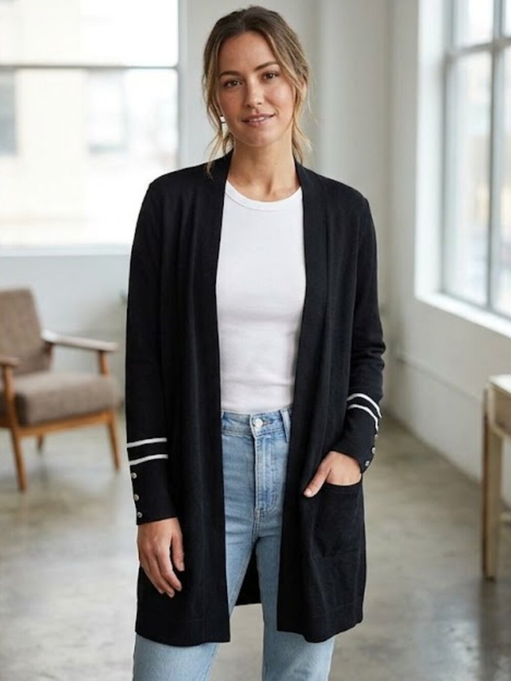 Retrology Black Longline Open Front Cardigan XL Stripe Cuff Detail Lightweight